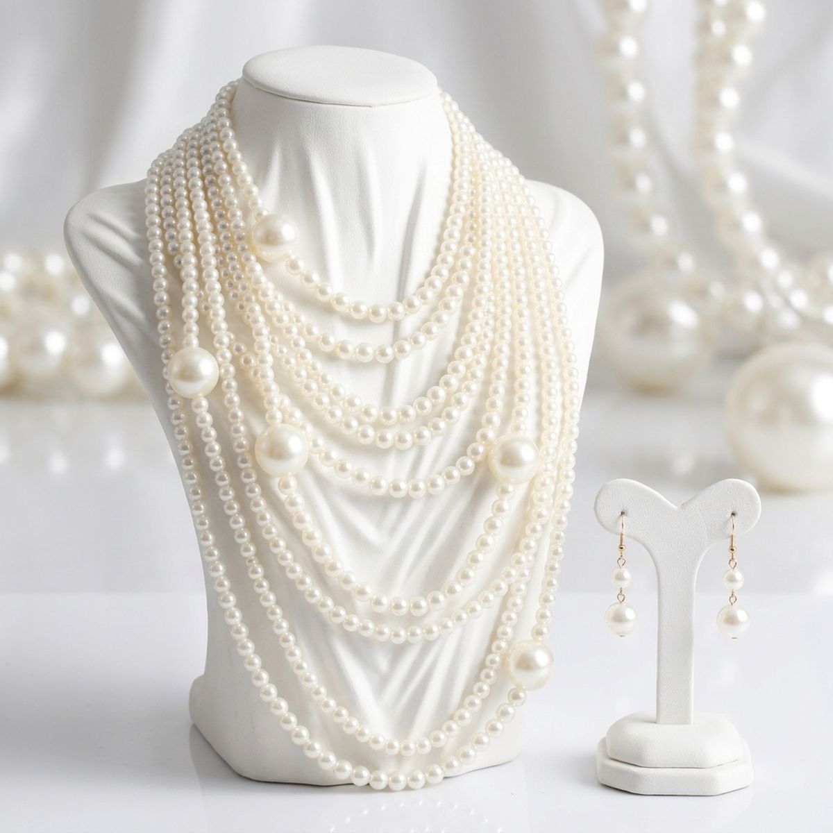 Cream Pearl 9 Strand Long Layer Luminous Necklace