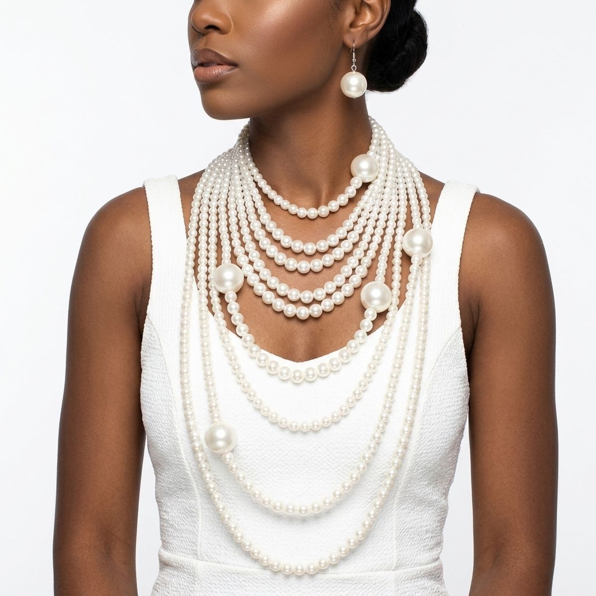 White Pearl 9 Strand Long Layer Luminous Necklace