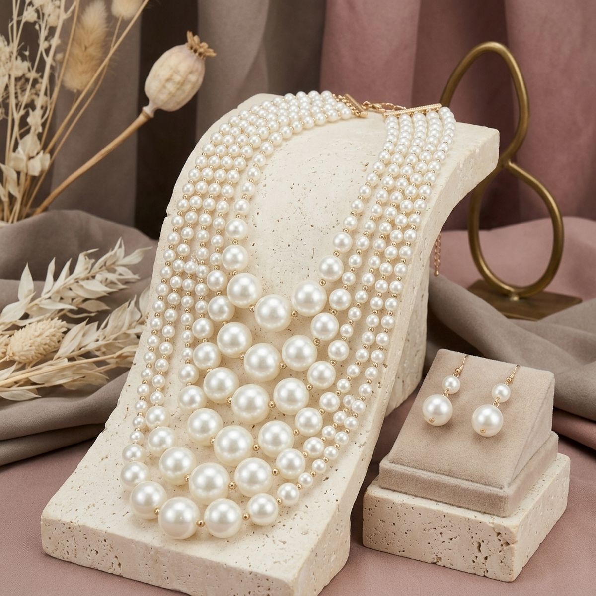 5 Strand Cream Pearl Bib Necklace with Gold Beads