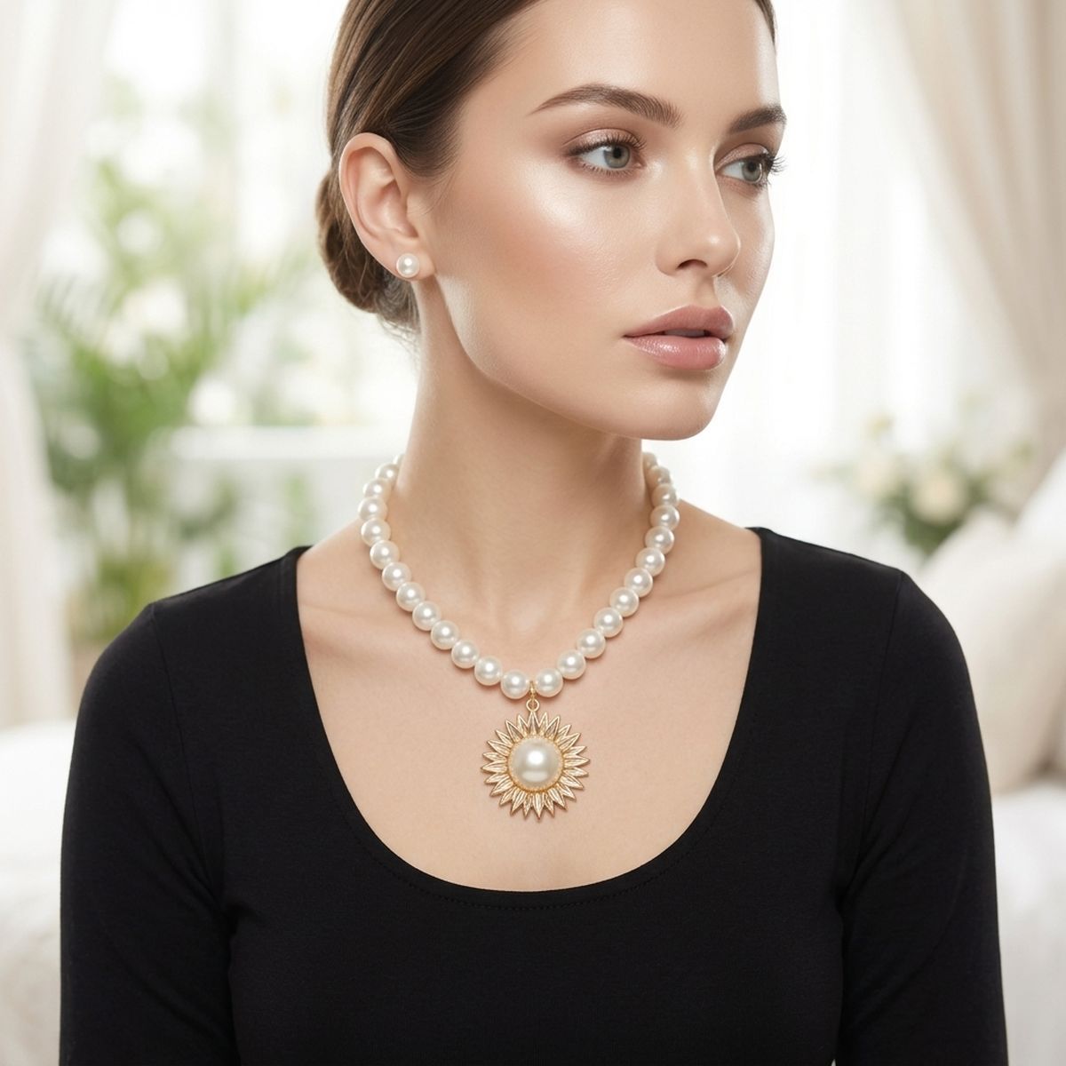 Gold Sunburst Cream Pearl Pendant Necklace