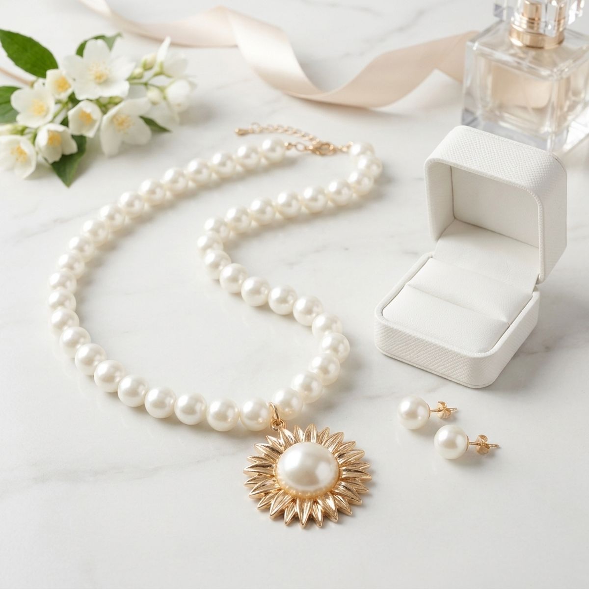 Gold Sunburst Cream Pearl Pendant Necklace