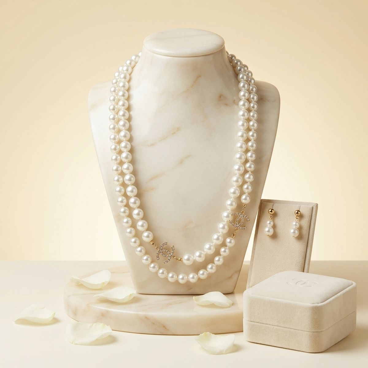 Parisian Long Cream Glass Pearl Charm Layer Set
