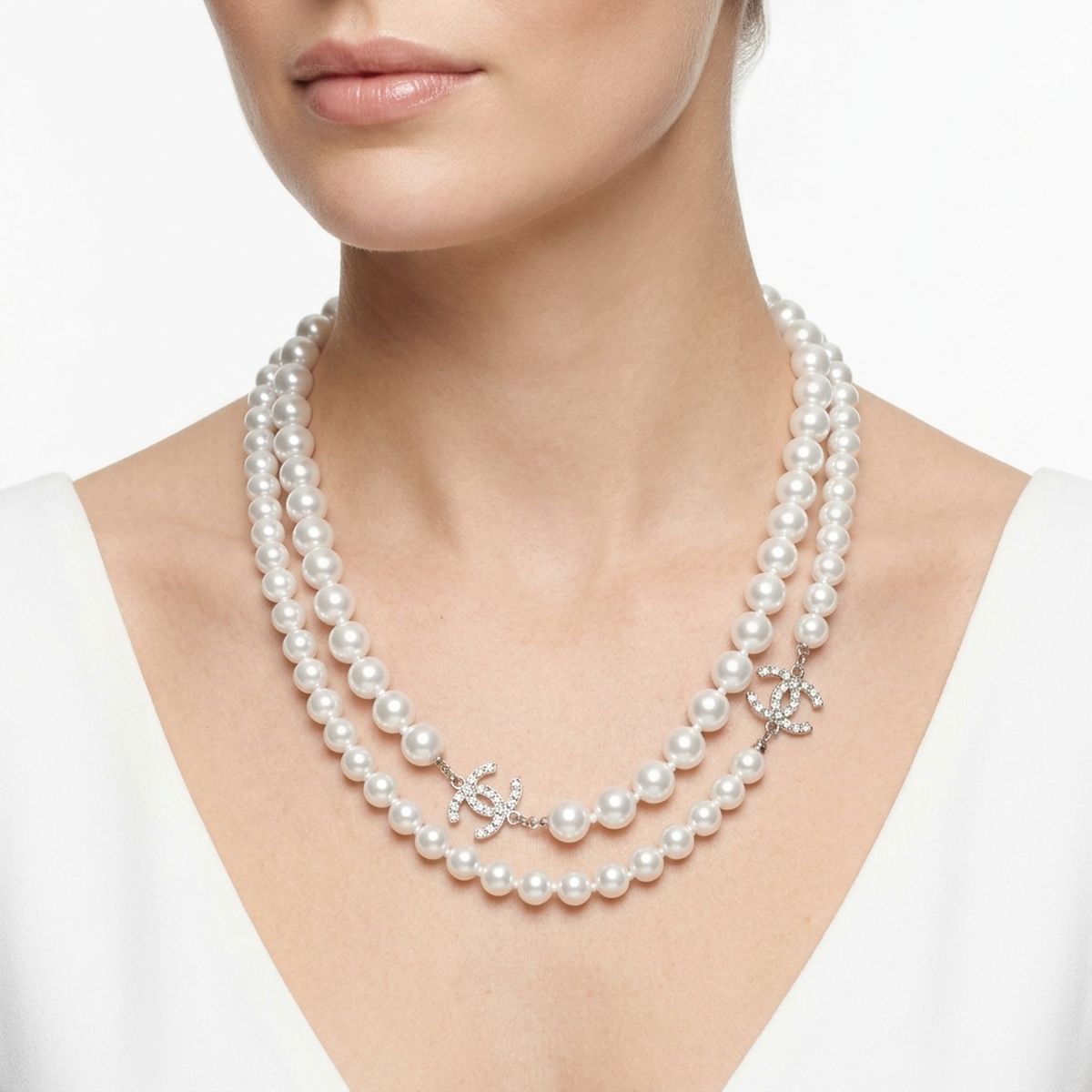 Parisian Long White Glass Pearl Charm Layer Set