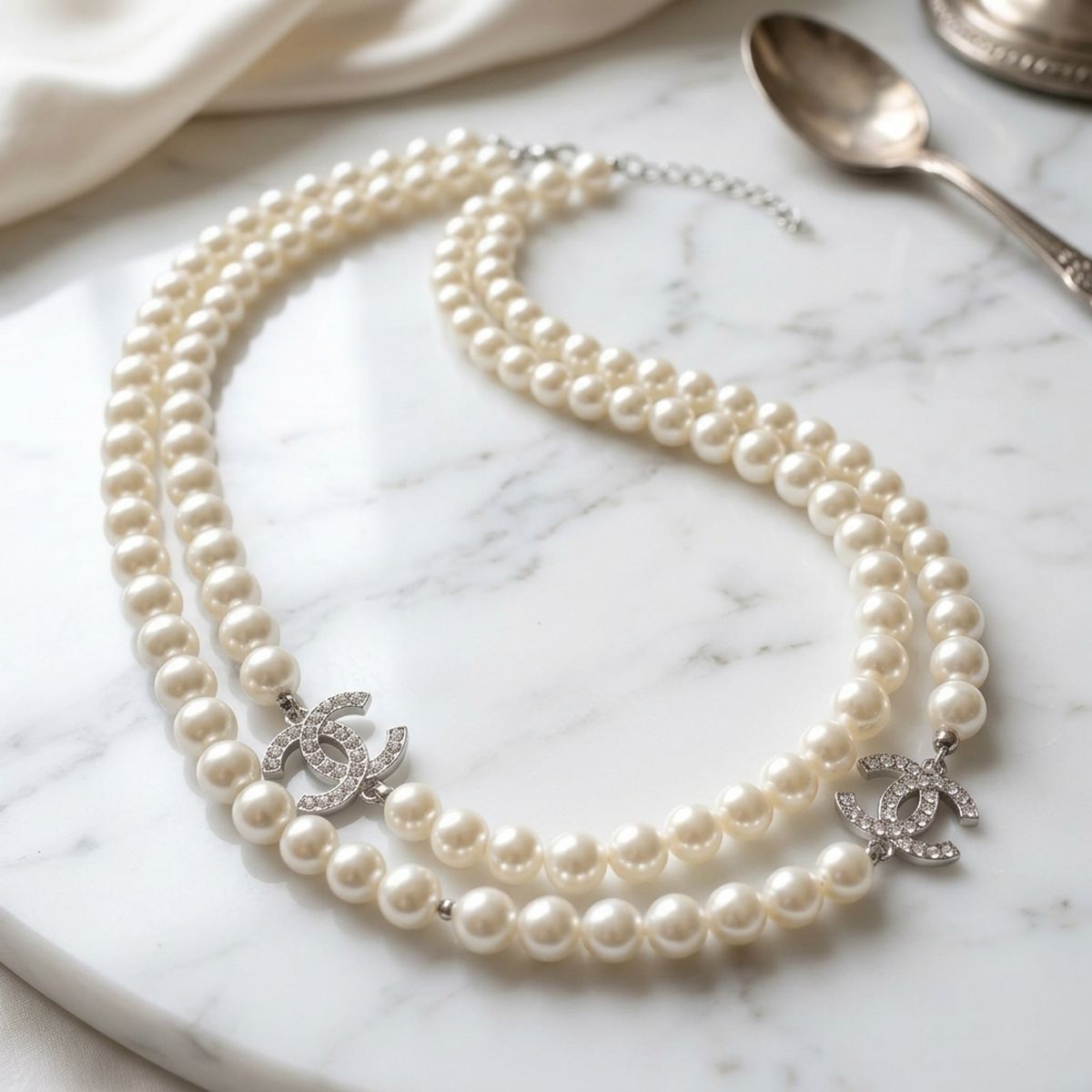 Parisian Long White Glass Pearl Charm Layer Set