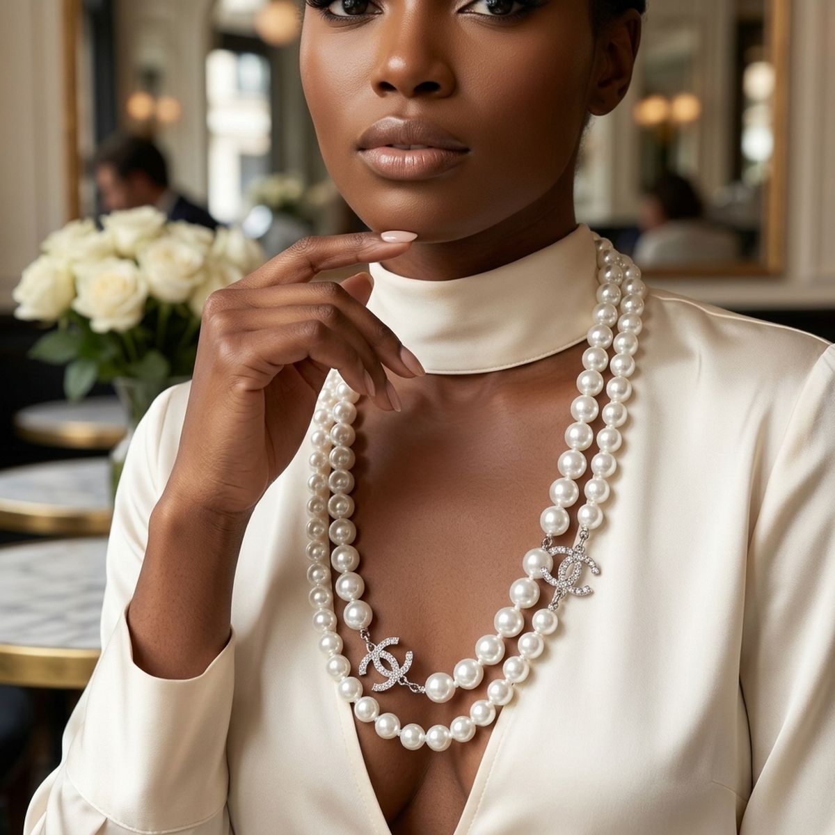 Parisian Long White Glass Pearl Charm Layer Set