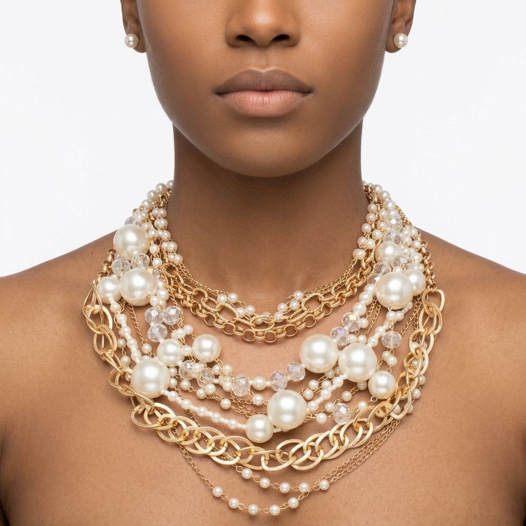 Cream Pearl 13 Strand Layered Gold Chain Necklace