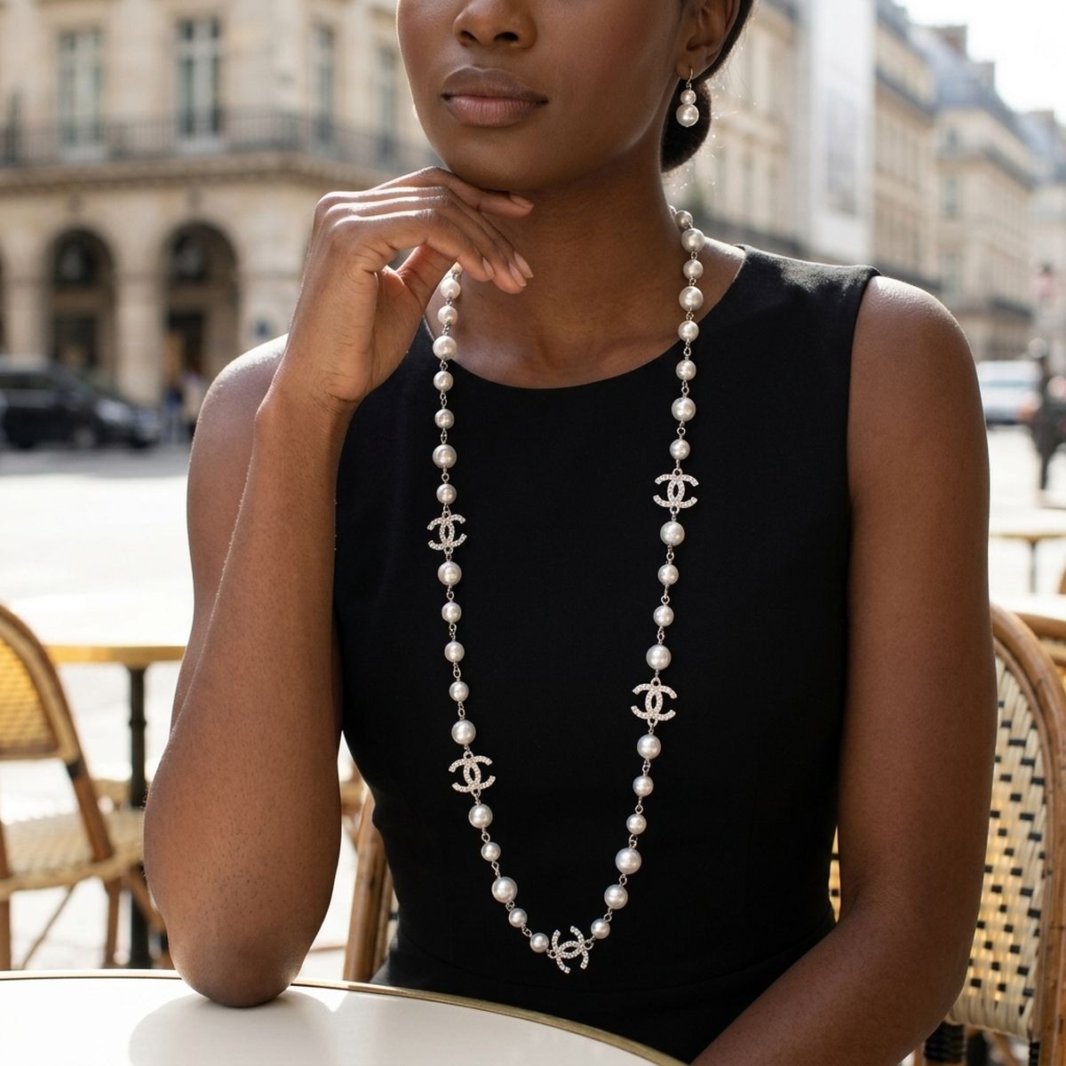 Parisian White Glass Pearl Charm Long Necklace