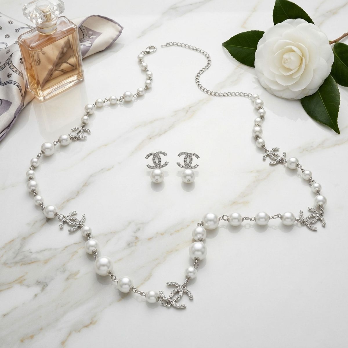 Parisian White Glass Pearl Charm Long Necklace