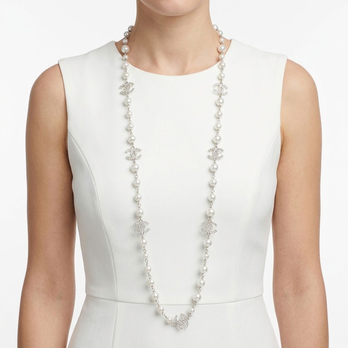 Parisian White Glass Pearl Charm Long Necklace