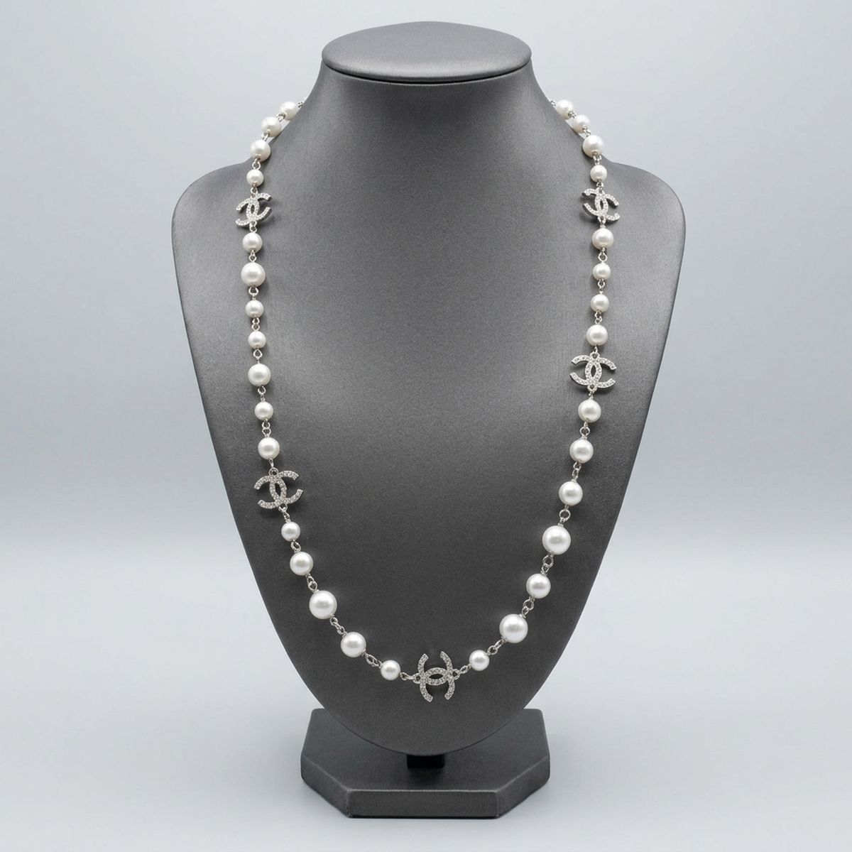 Parisian White Glass Pearl Charm Long Necklace