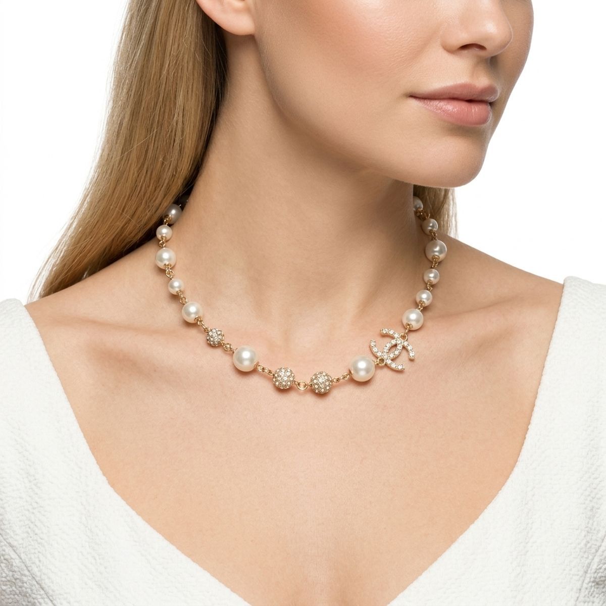 Parisian Cream Pearl Rhinestone Charm Necklace
