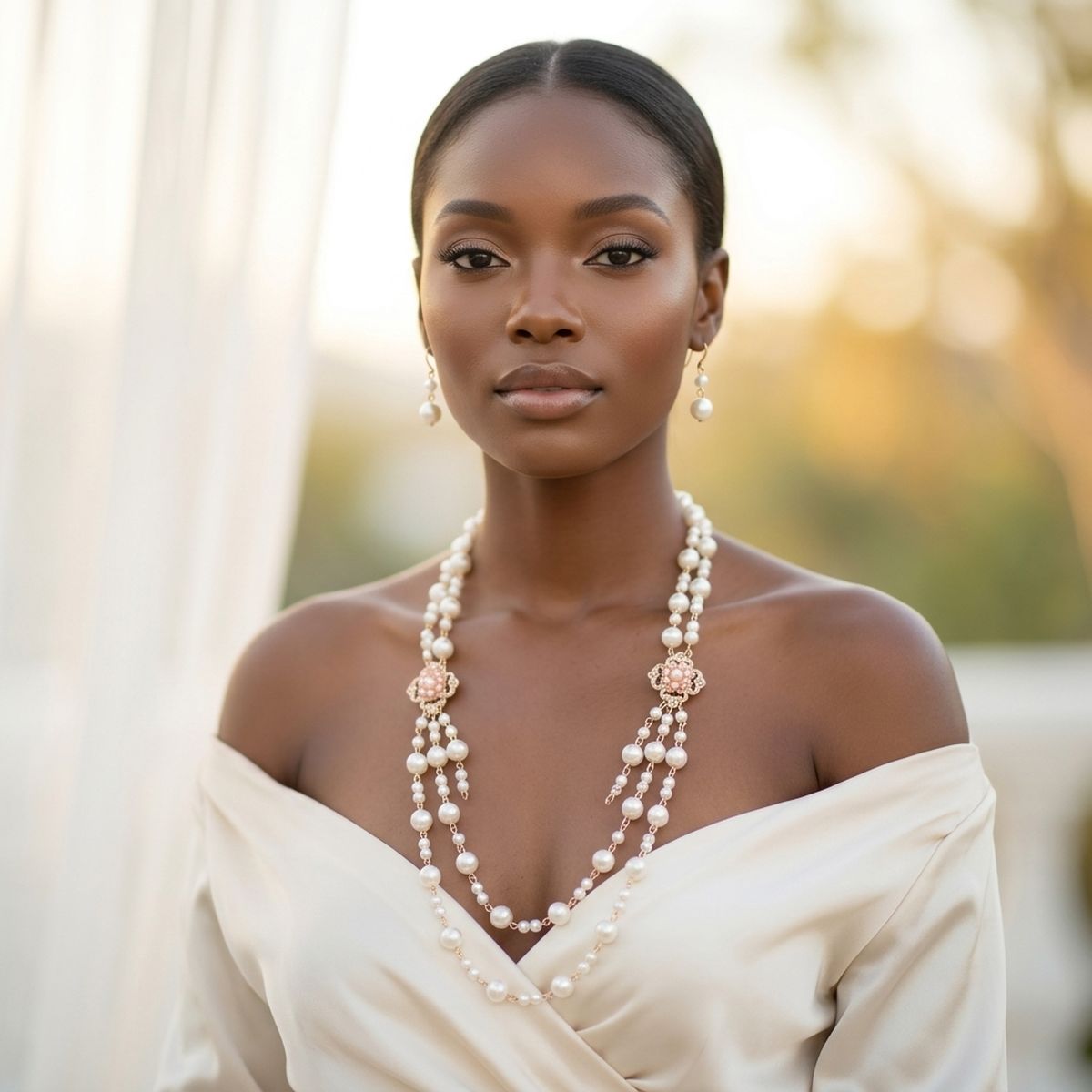 Cream Pearl and Pink Pearl Flower Layered Necklace