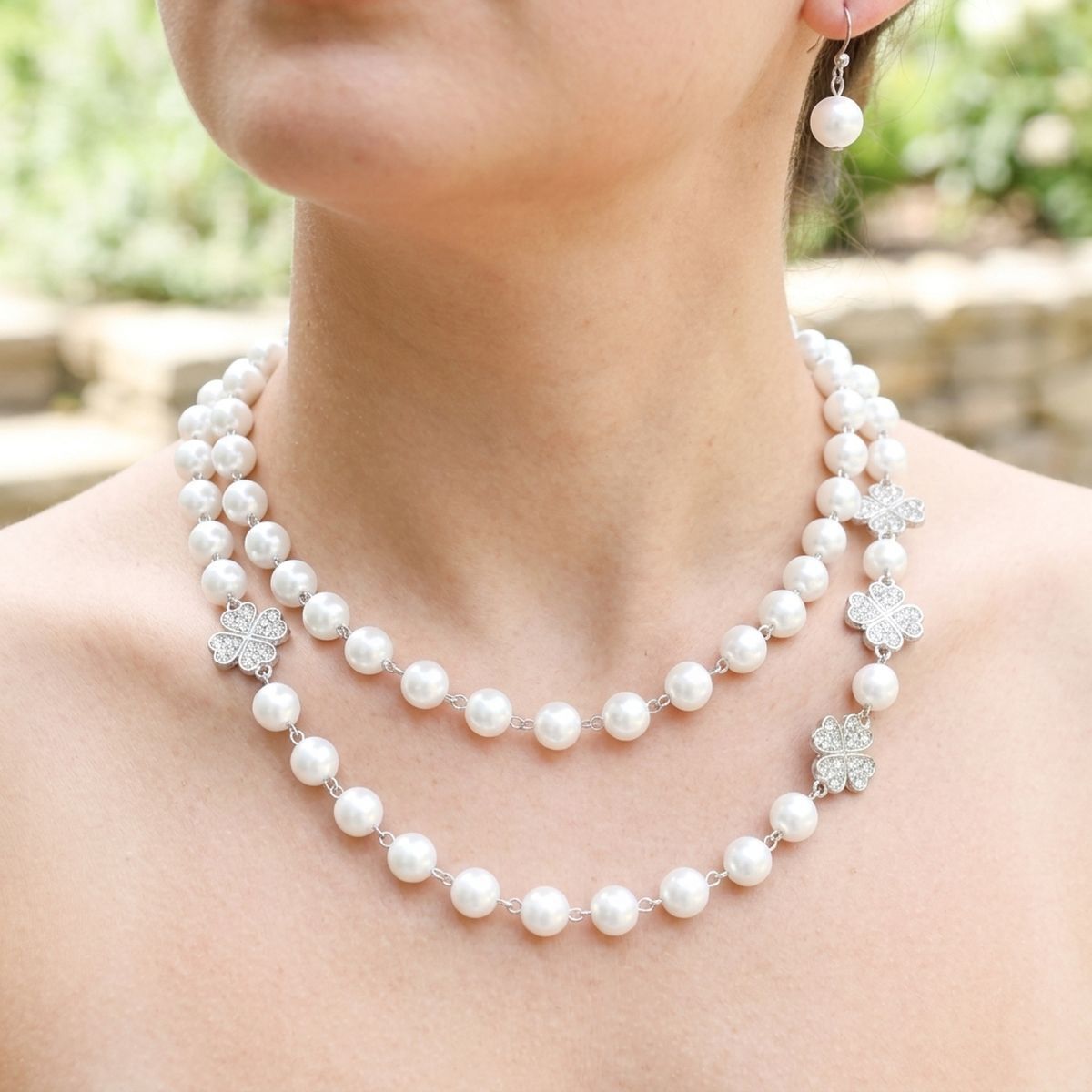 White Pearl Lucky Charm Layered Necklace Set