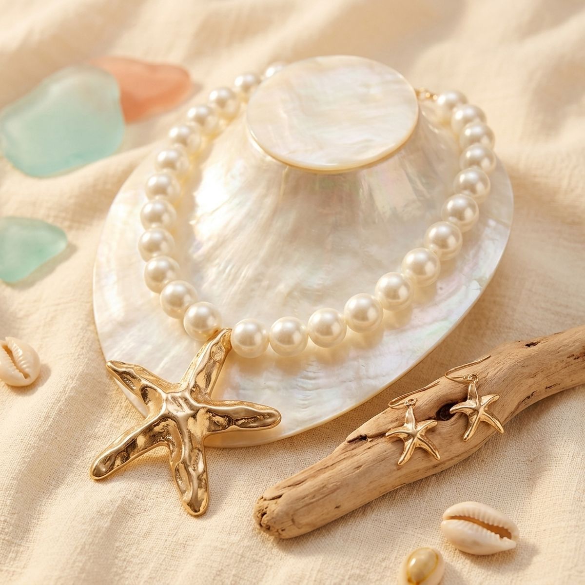 Gold Starfish Pendant Chunky Cream Pearl Necklace