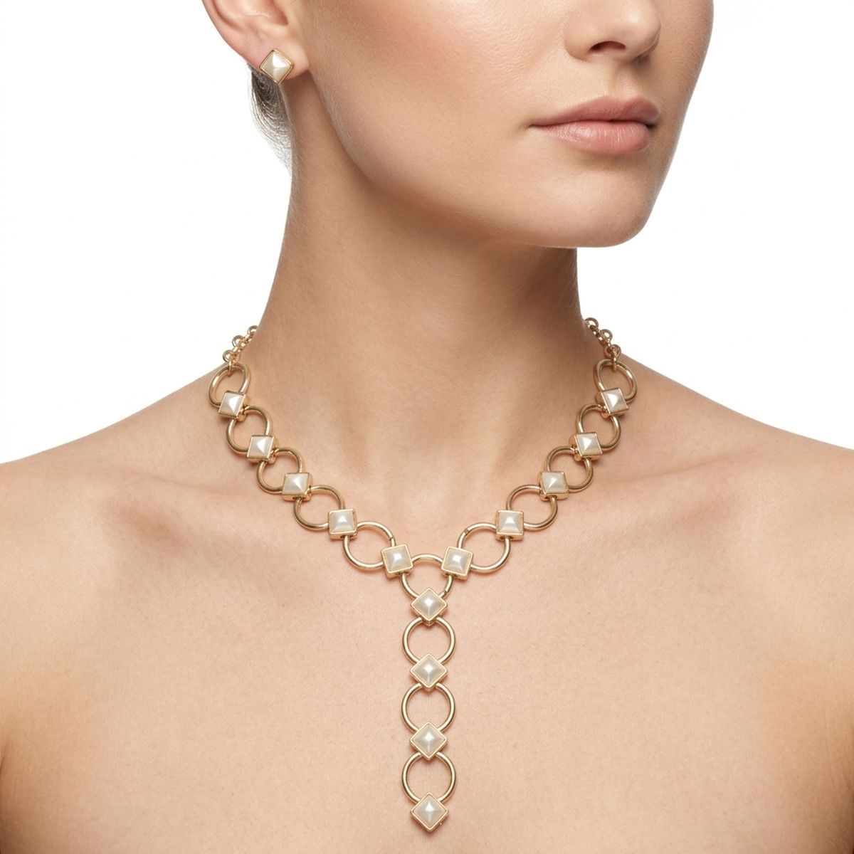 Y Gold Round Link Cream Pearl Pyramid Necklace