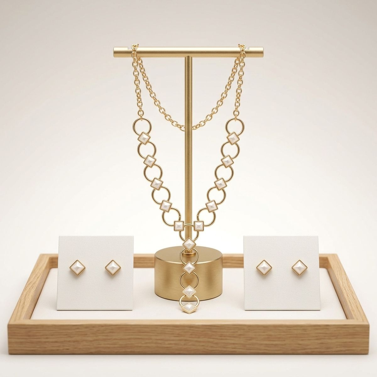 Y Gold Round Link Cream Pearl Pyramid Necklace