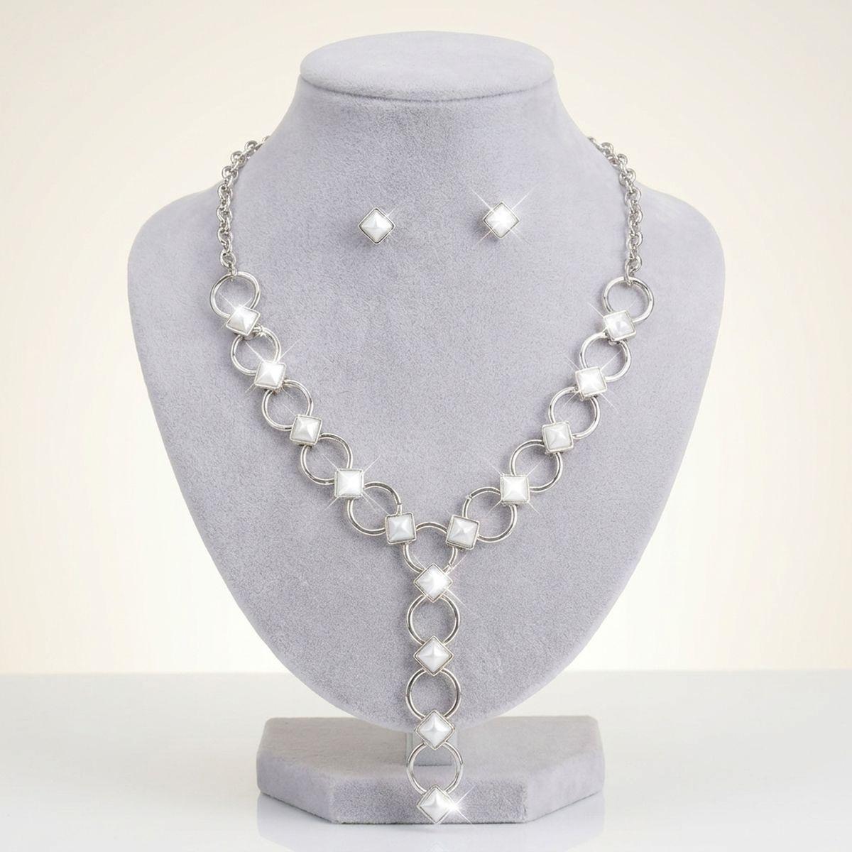 Y Silver Round Link White Pearl Pyramid Necklace