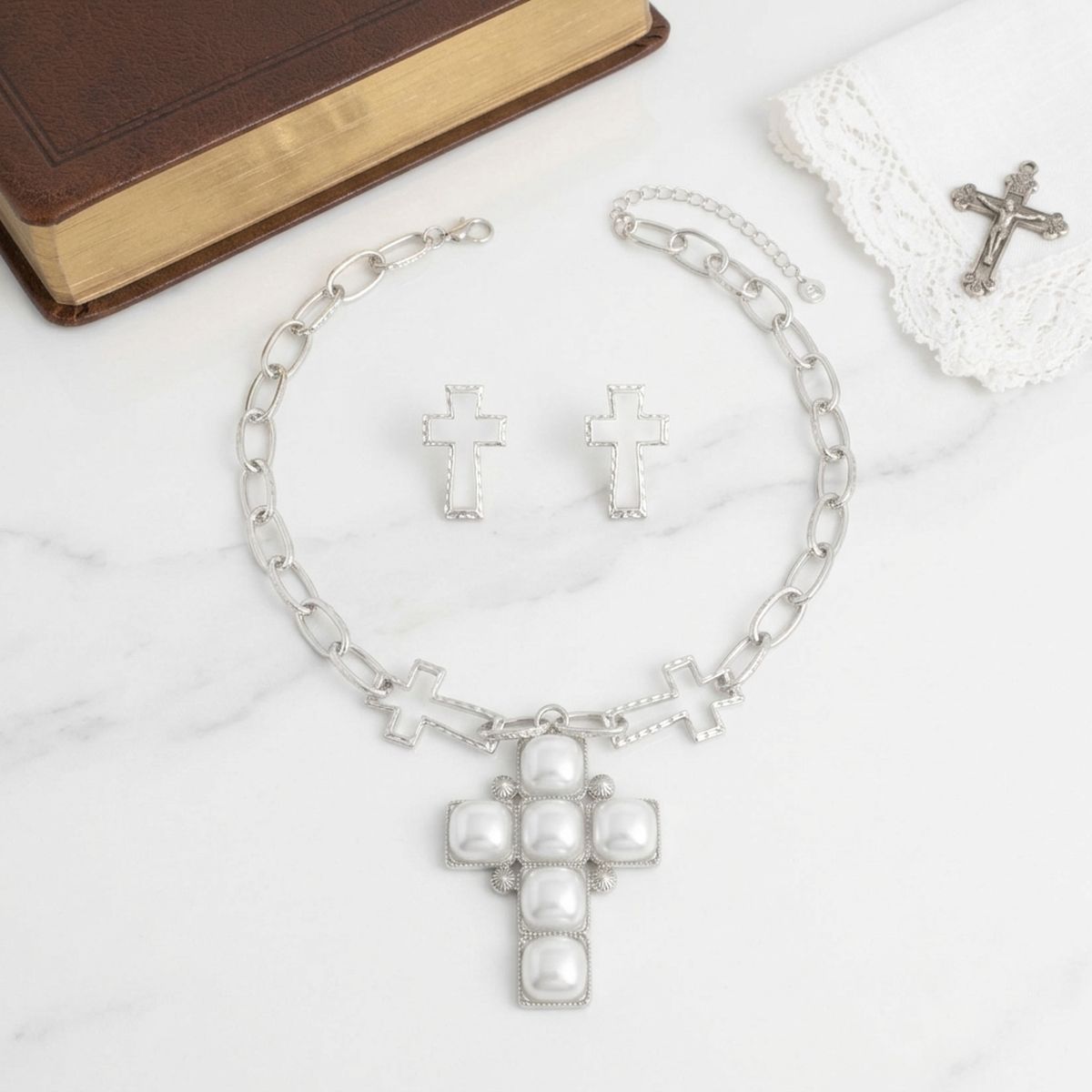 White Pearl Cross Pendant Silver Chain Necklace