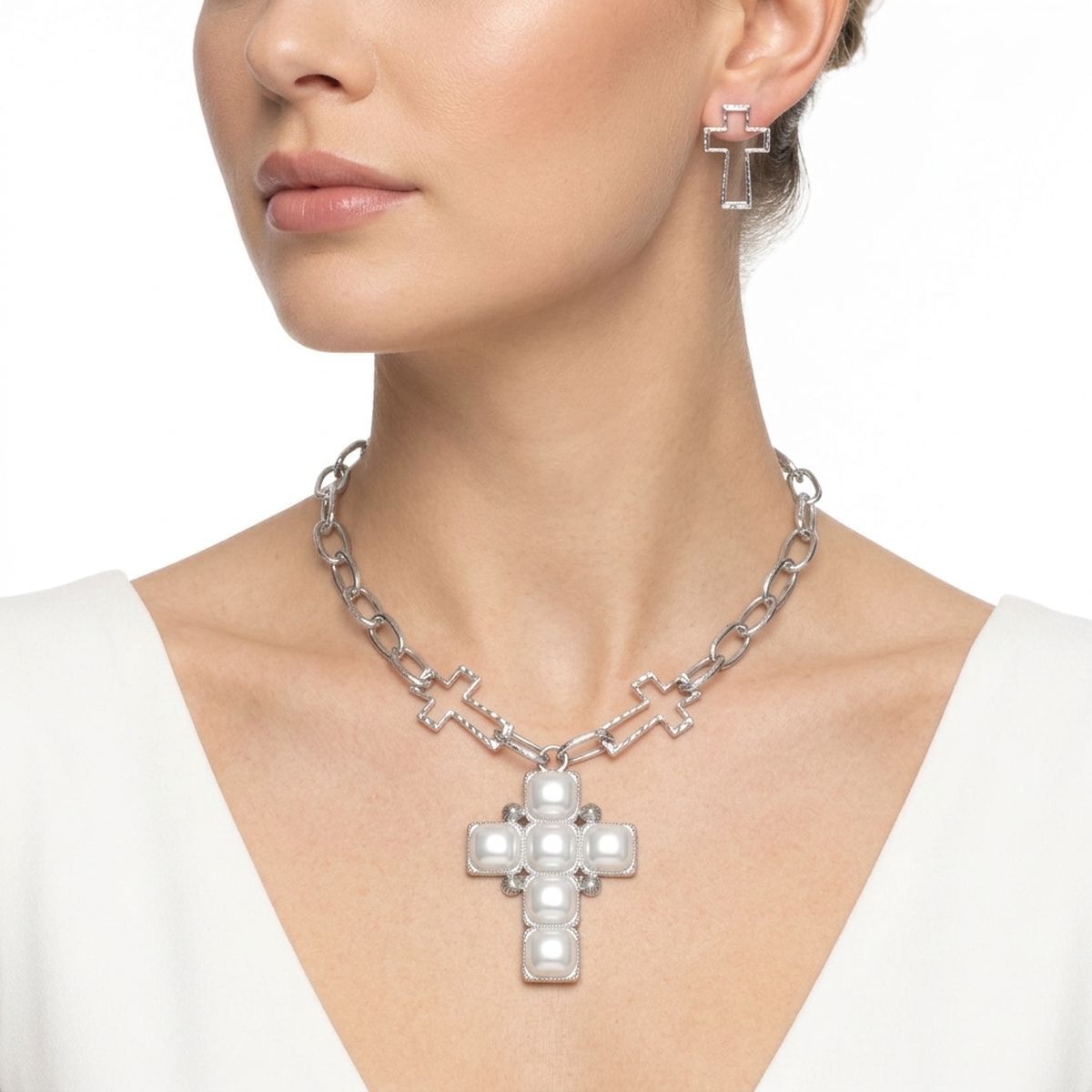White Pearl Cross Pendant Silver Chain Necklace