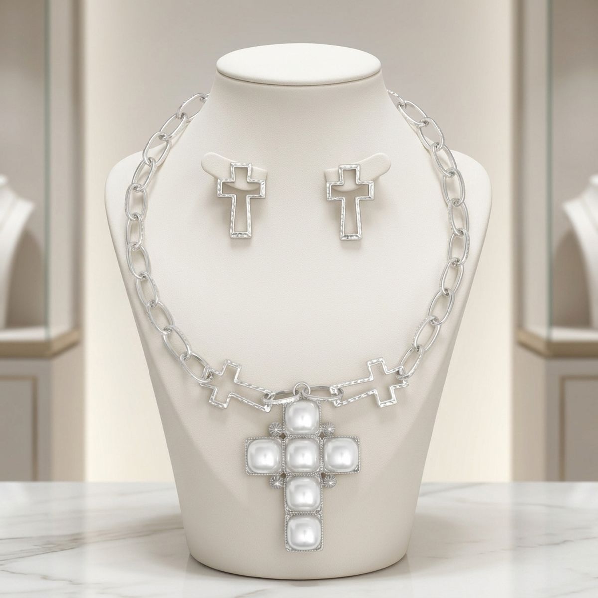 White Pearl Cross Pendant Silver Chain Necklace