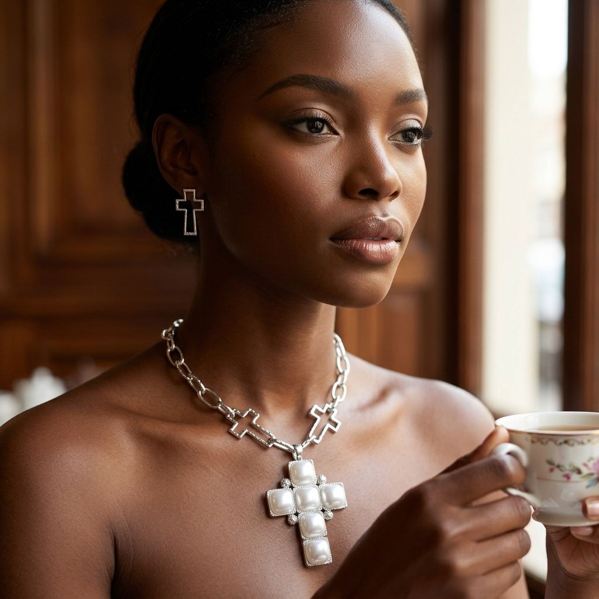 White Pearl Cross Pendant Silver Chain Necklace