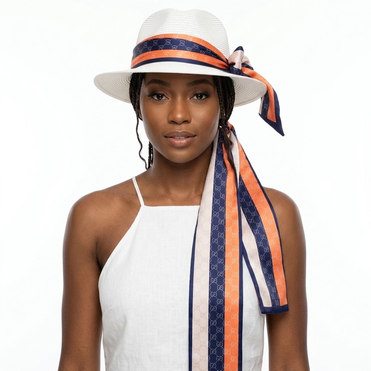 Navy and Orange Monogram Silky Skinny Scarf