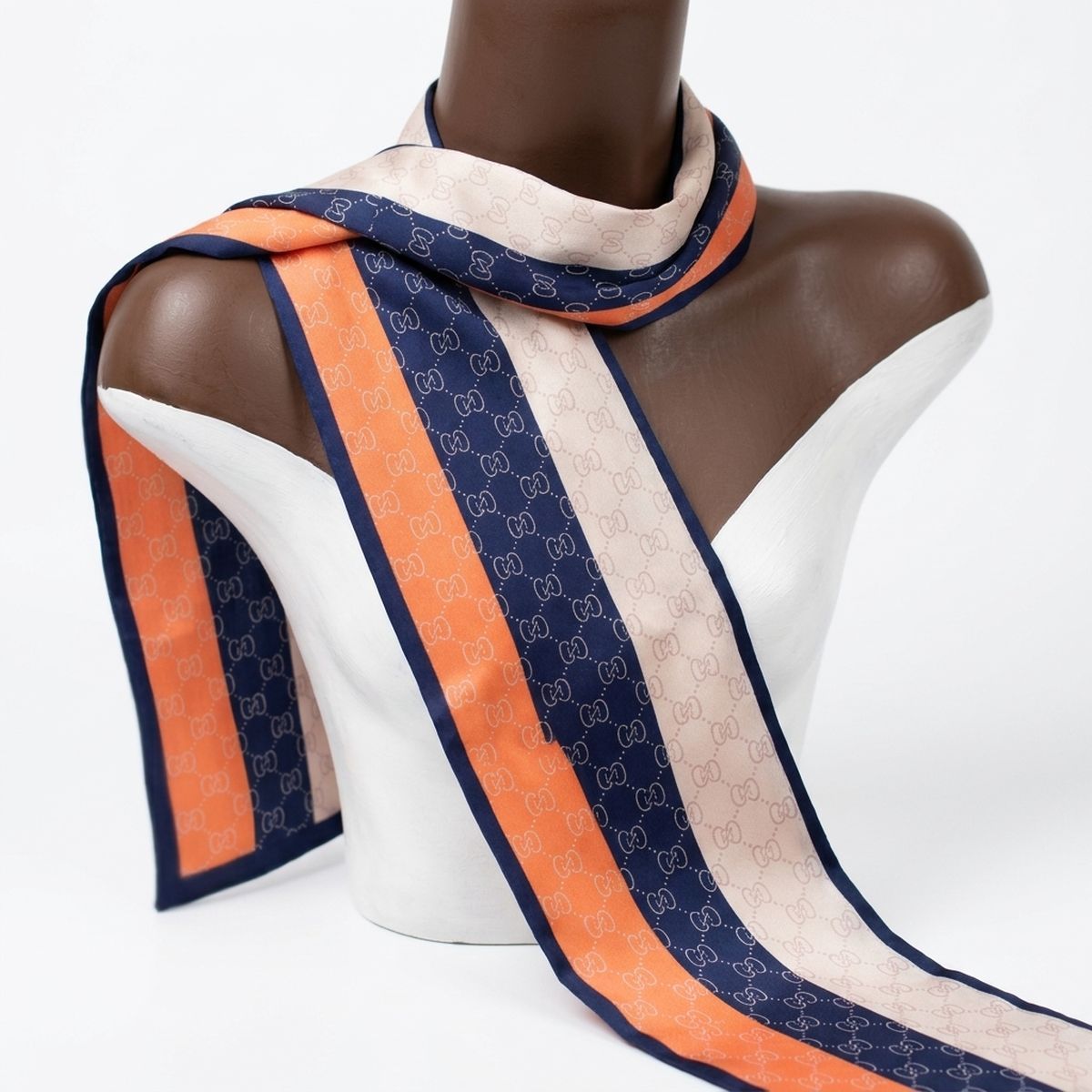 Navy and Orange Monogram Silky Skinny Scarf