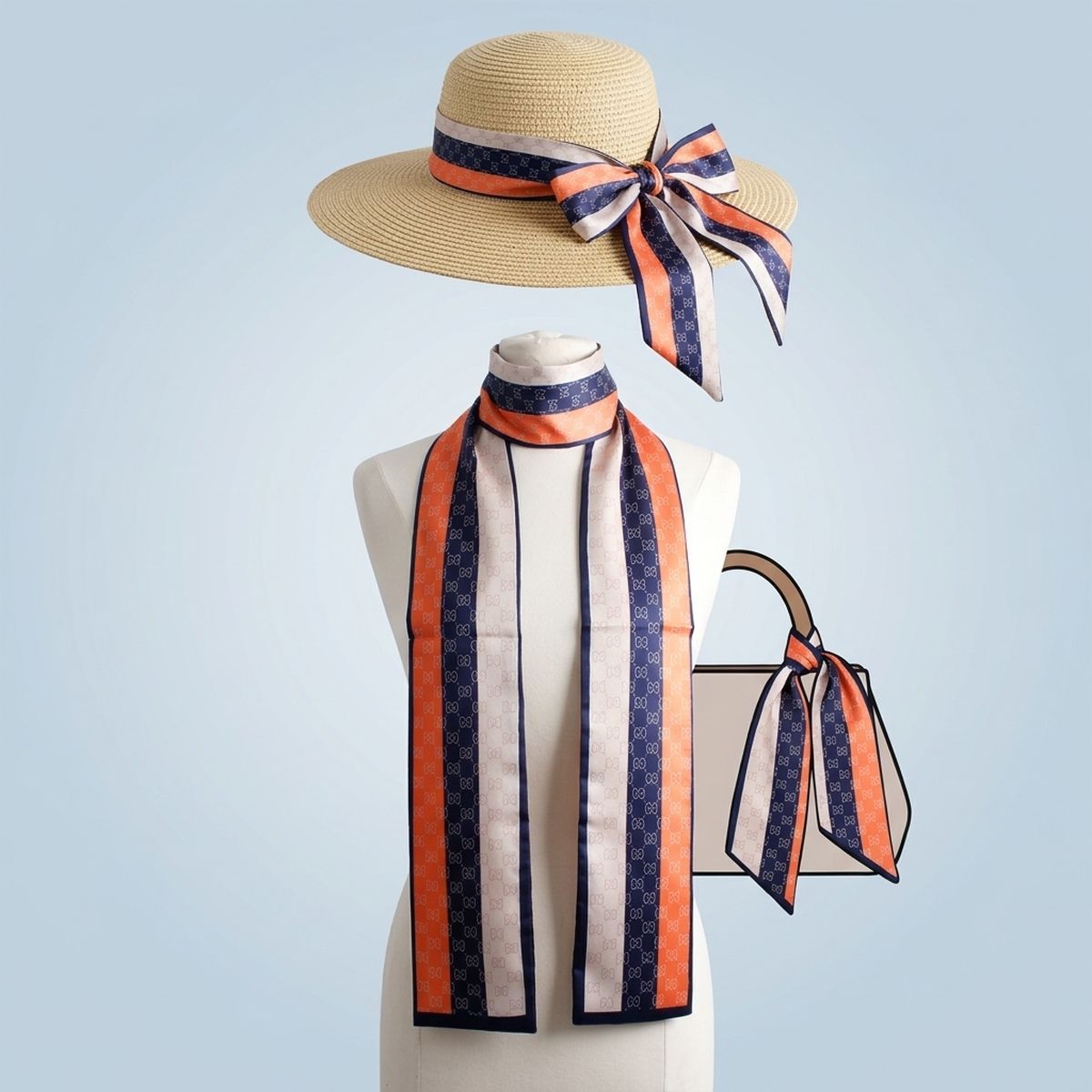 Navy and Orange Monogram Silky Skinny Scarf