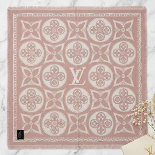 Faux Cashmere Pink Beige Motif Shawl Square Scarf