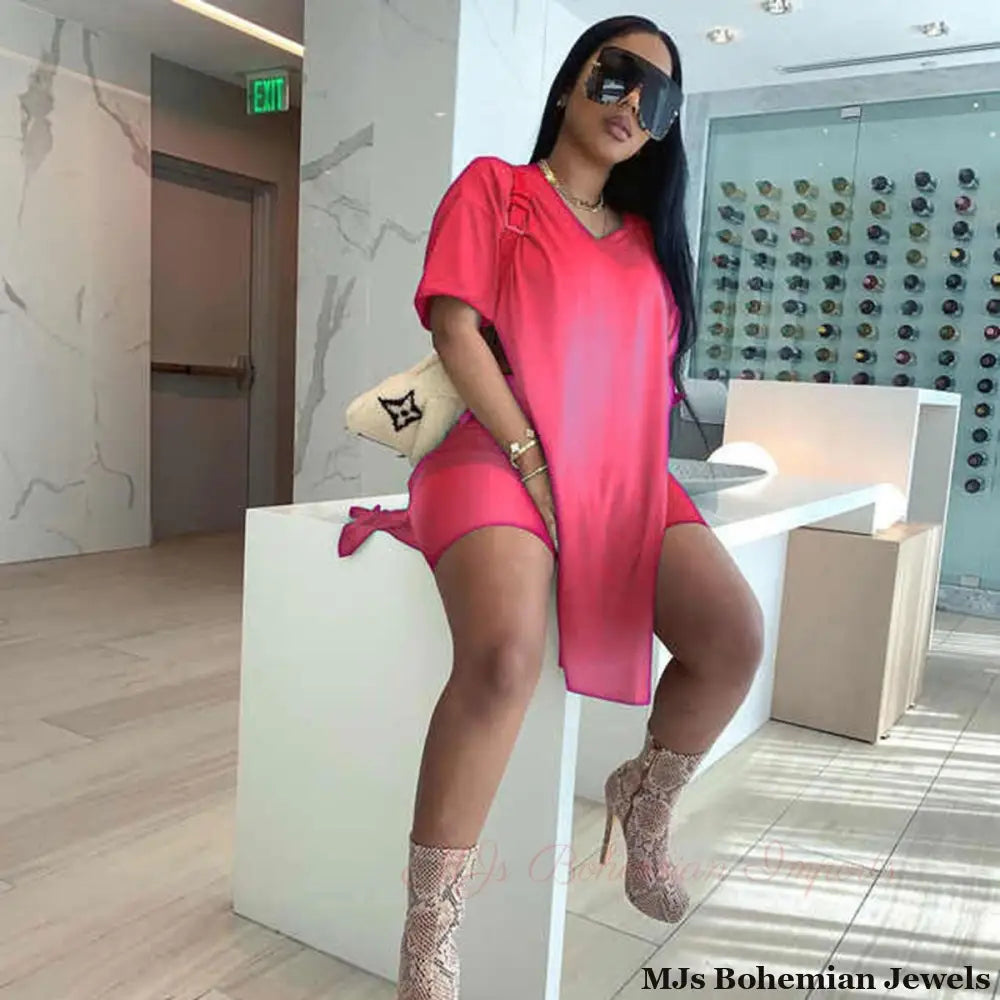 Pink 4XL V Neck Shorts Set