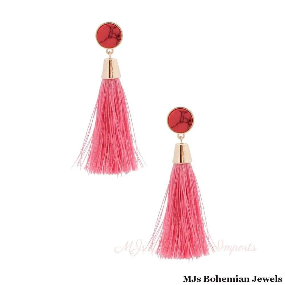 Pink Bead Silk Tassel Earrings