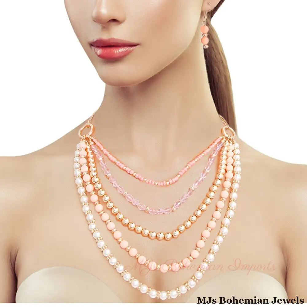 Pink Beads Pearl Necklace Set