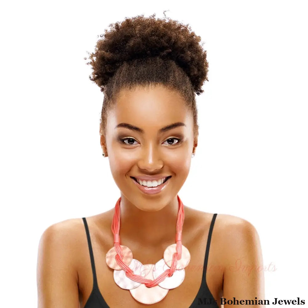 Pink Cord Metal Disc Necklace