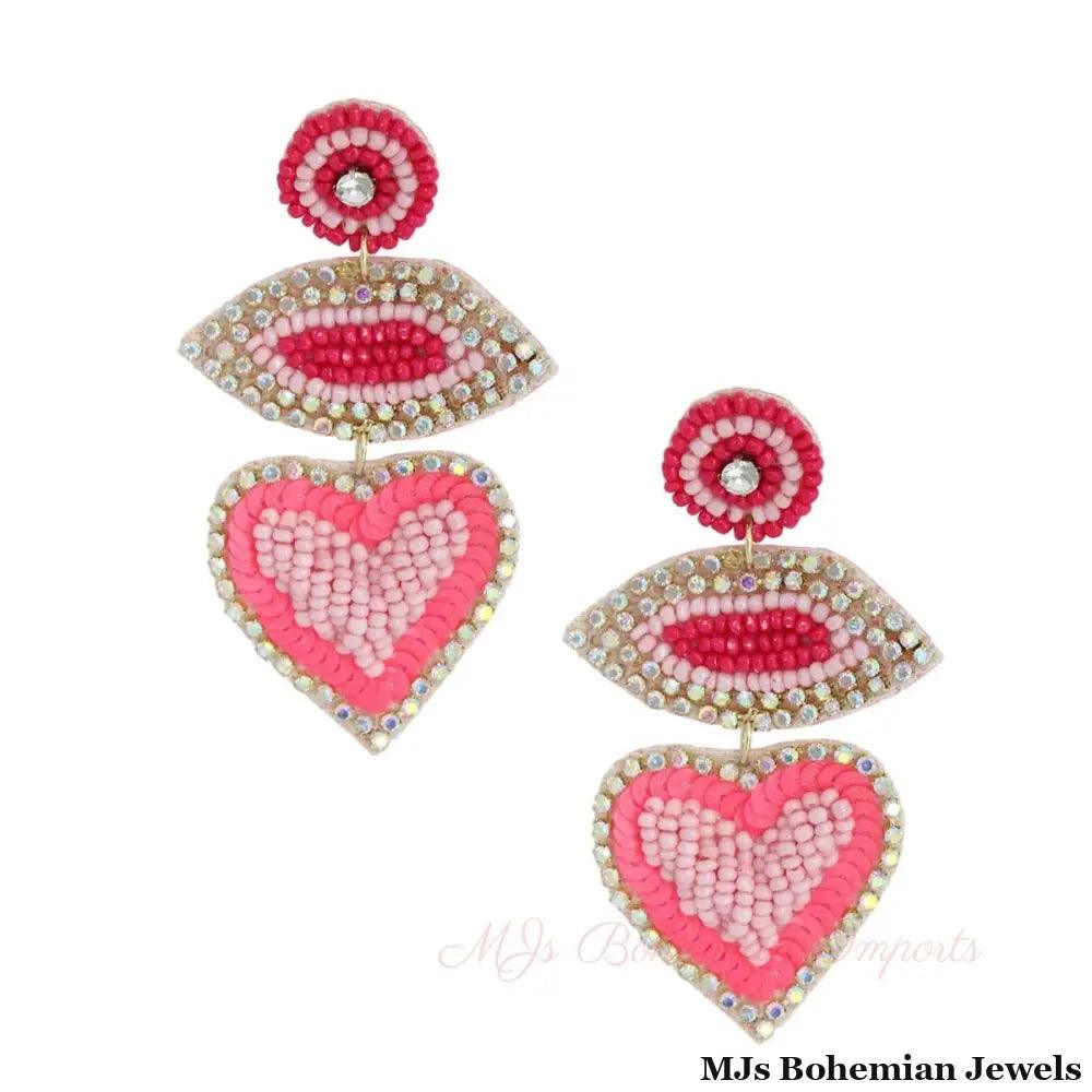 Pink Embroidered Heart Earrings