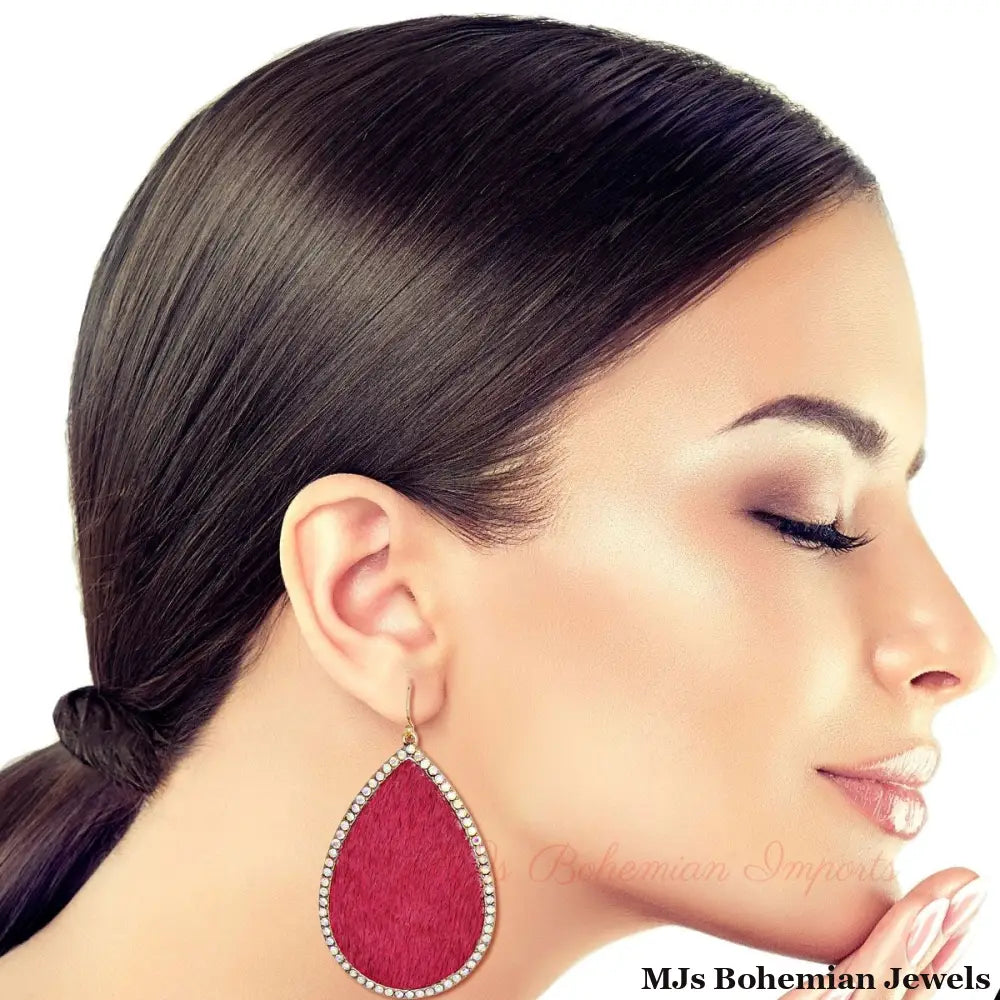 Pink Genuine Leather Teardrop Earrings