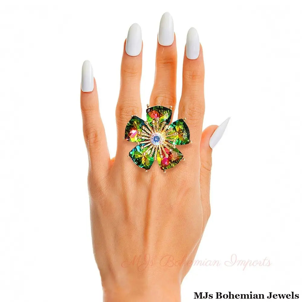 Pink Green Daisy Crystal Ring