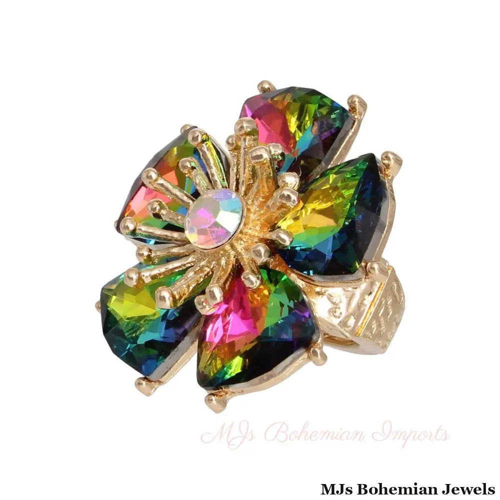 Pink Green Daisy Crystal Ring