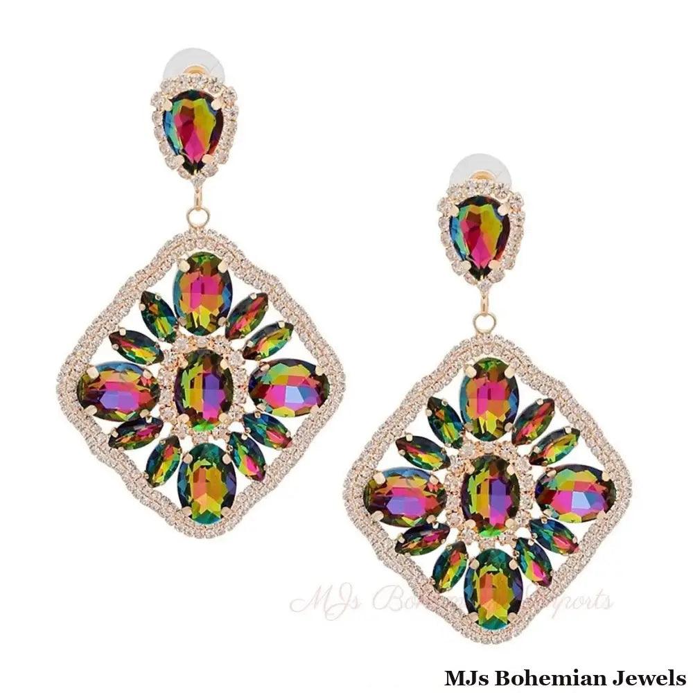 Pink Green Glass Crystal Diamond Earrings