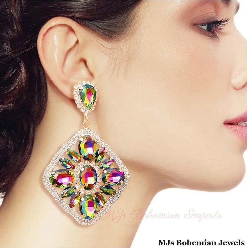 Pink Green Glass Crystal Diamond Earrings