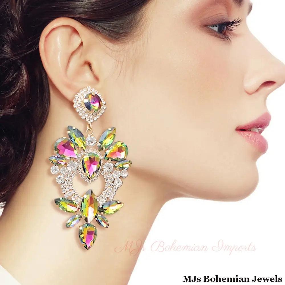 Pink Green Glass Crystal Heart Earrings