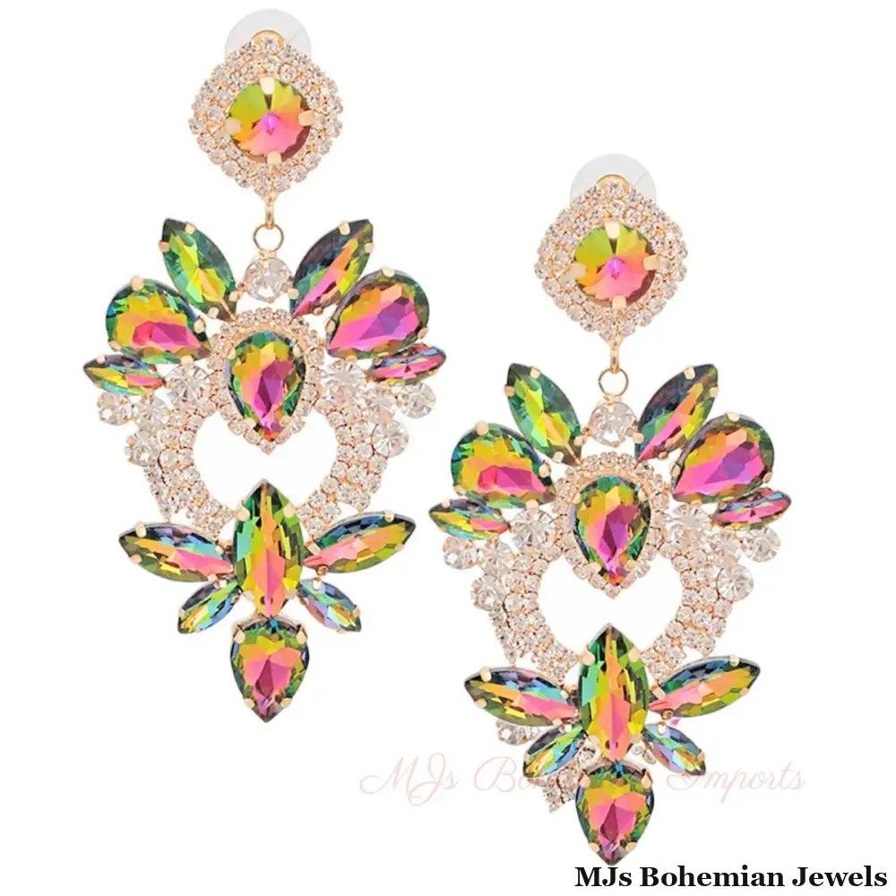 Pink Green Glass Crystal Heart Earrings