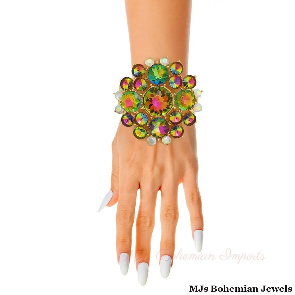 Pink Green Round Crystal Chunky Cuff