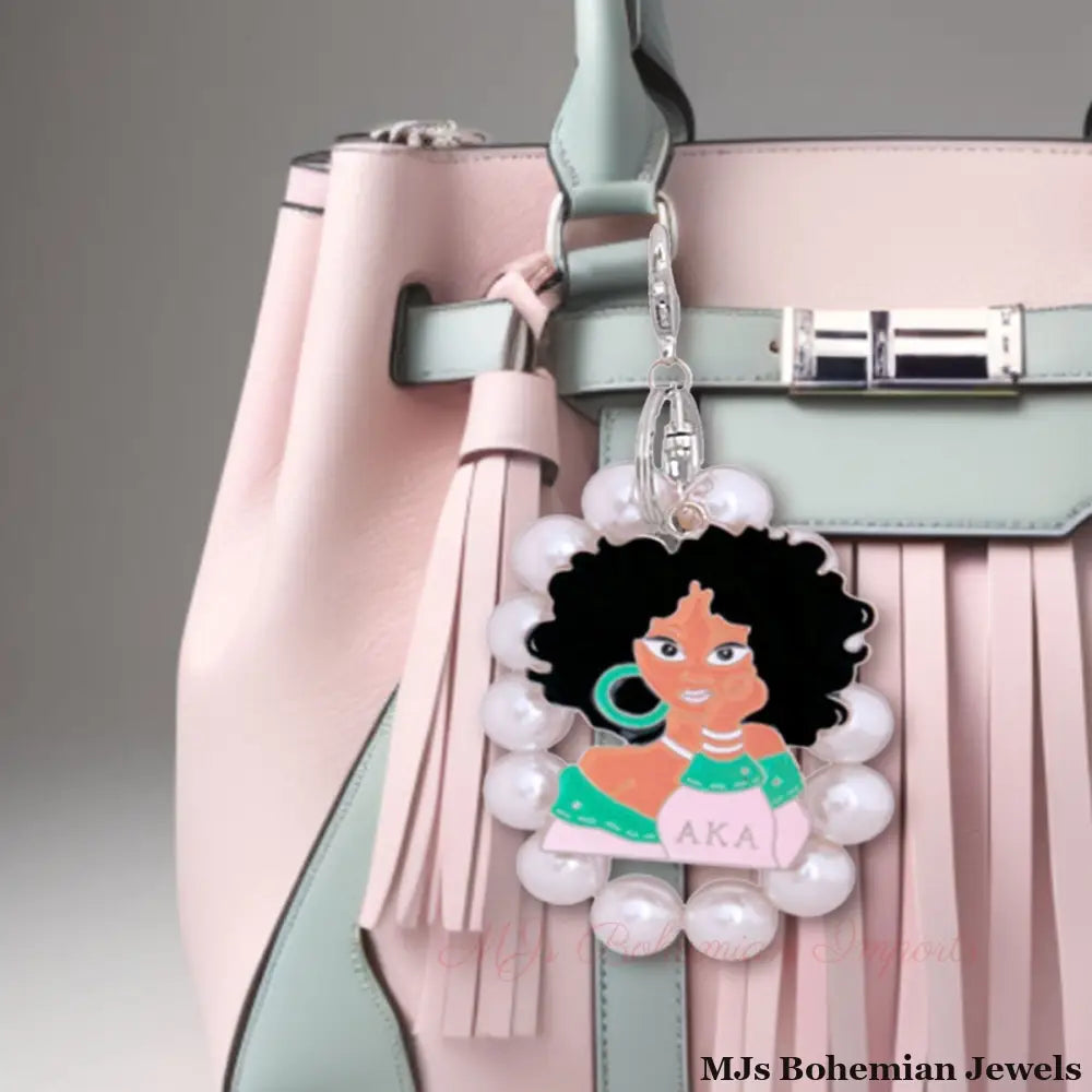 Pink Green Woman Pearl Keychain