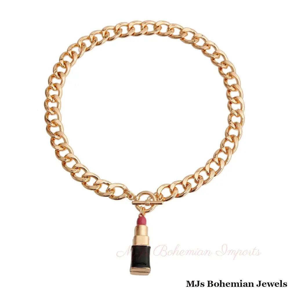 Pink Lipstick Charm Necklace