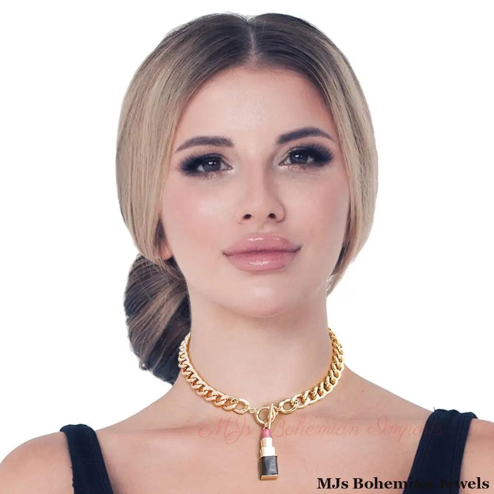 Pink Lipstick Charm Necklace