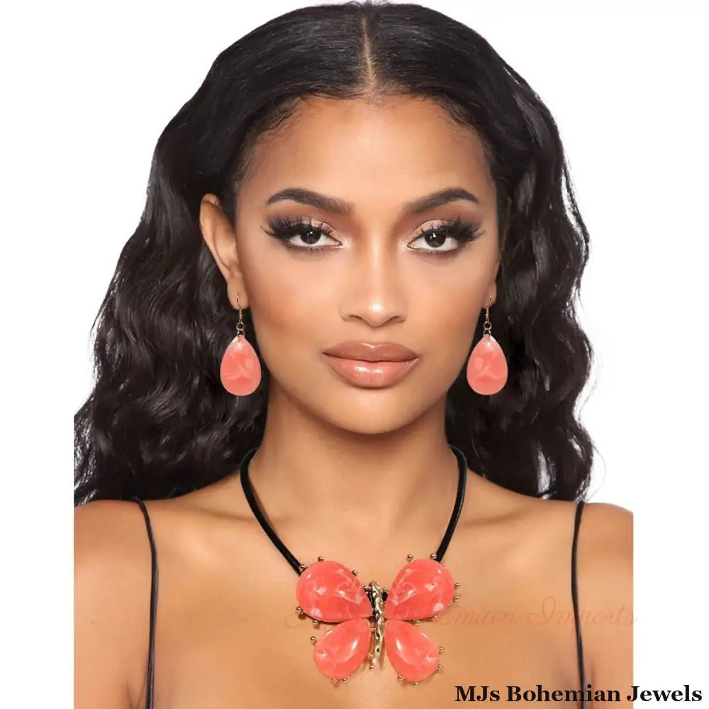 Pink Marbled Butterfly Pendant Set