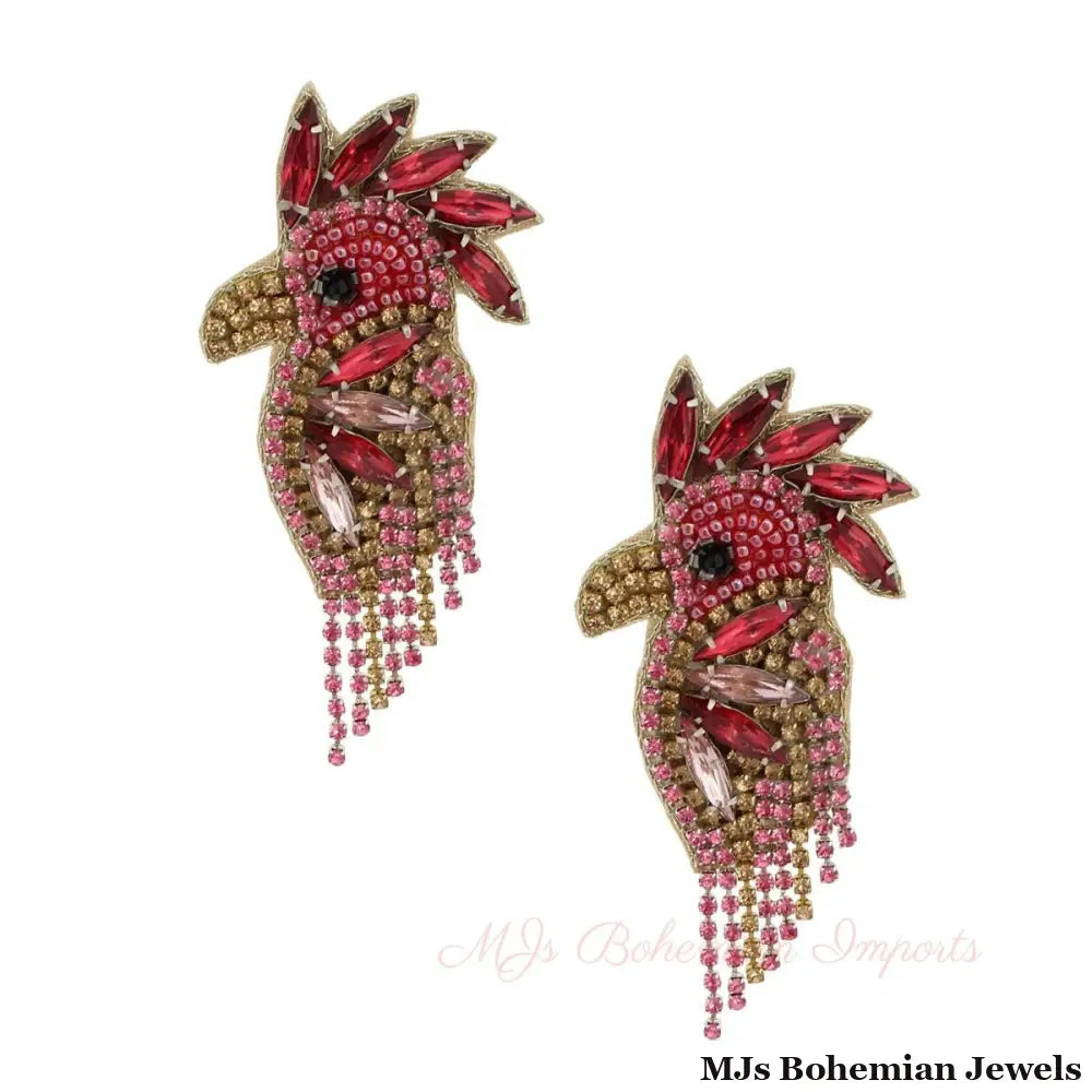Pink Rhinestone and Bead Macaw Earrings