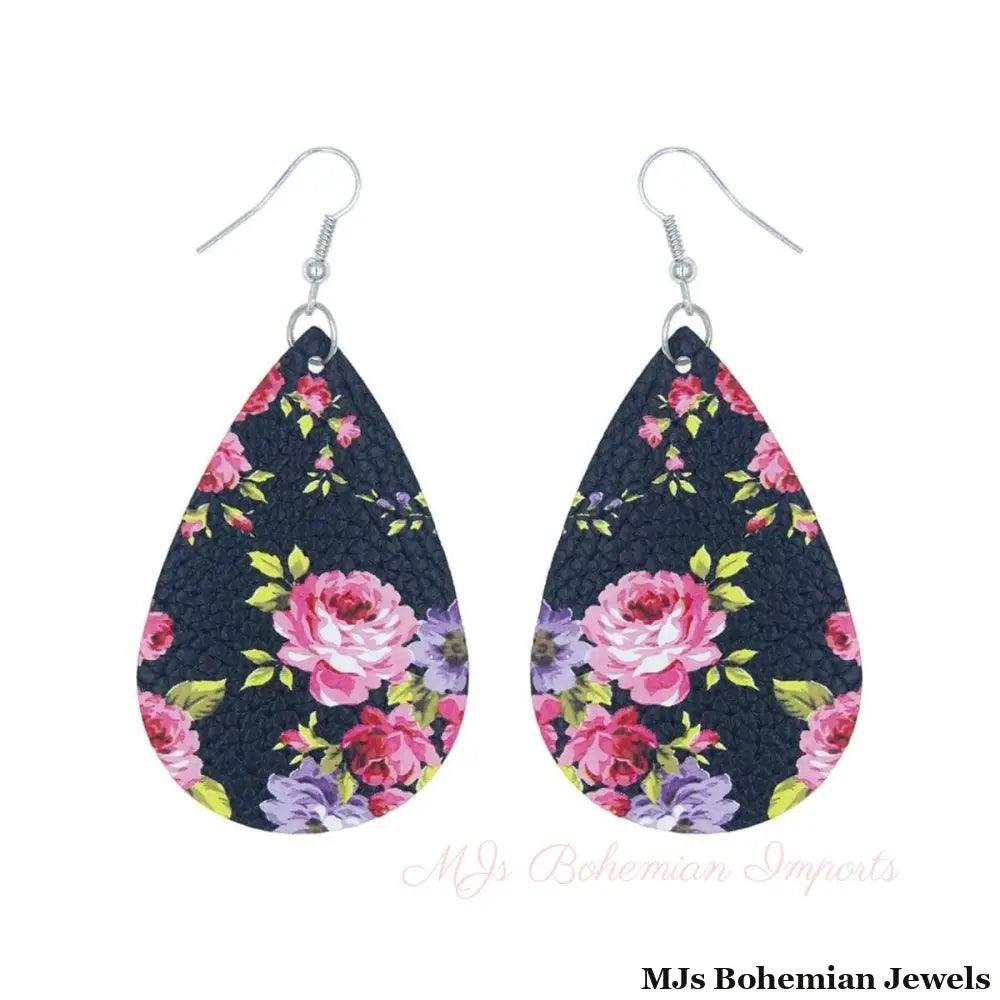 Pink Rose Printed Teardrop Earrings