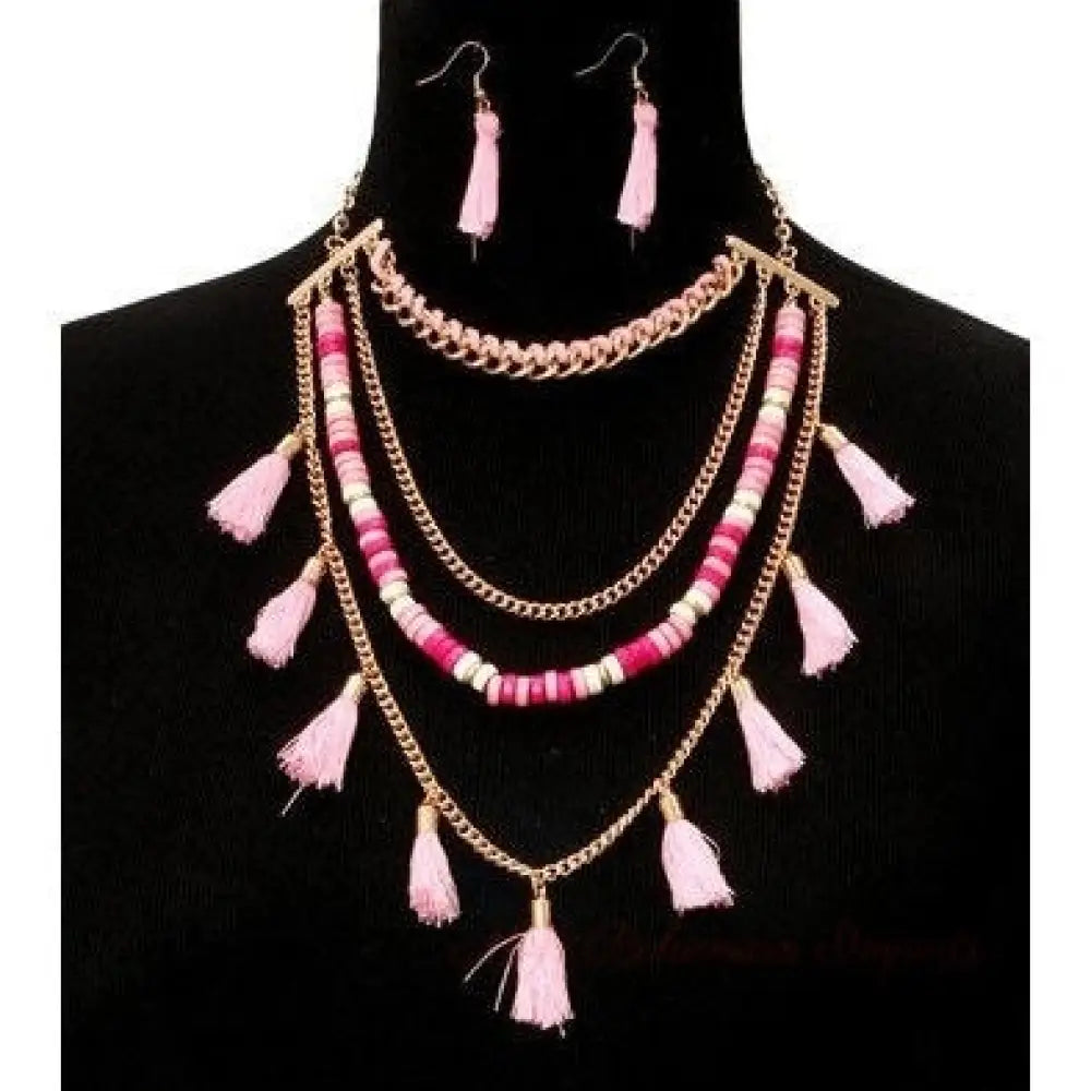 Pink Yarn Tassel Necklace Set