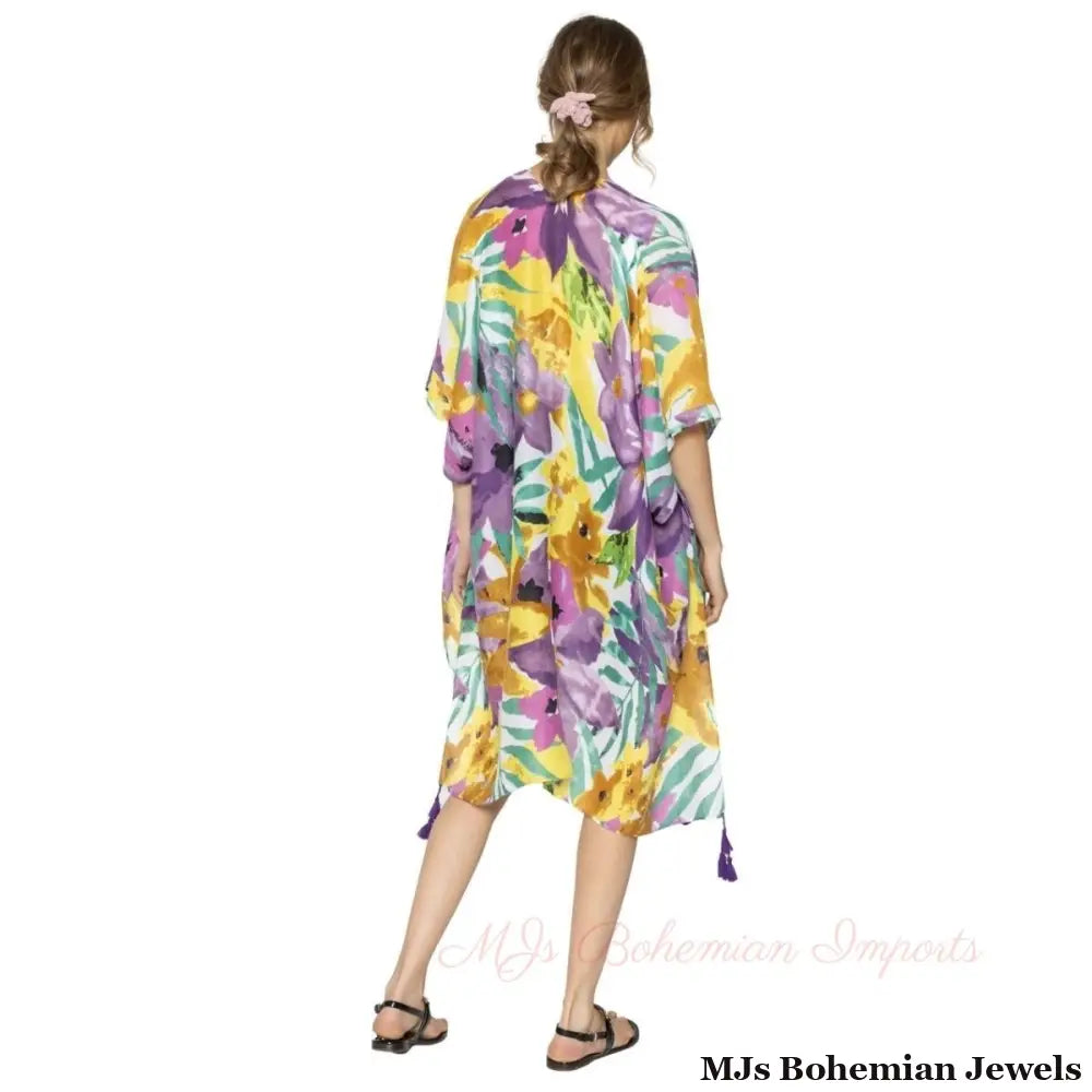 Purple Floral Watercolor Tassel Kimono